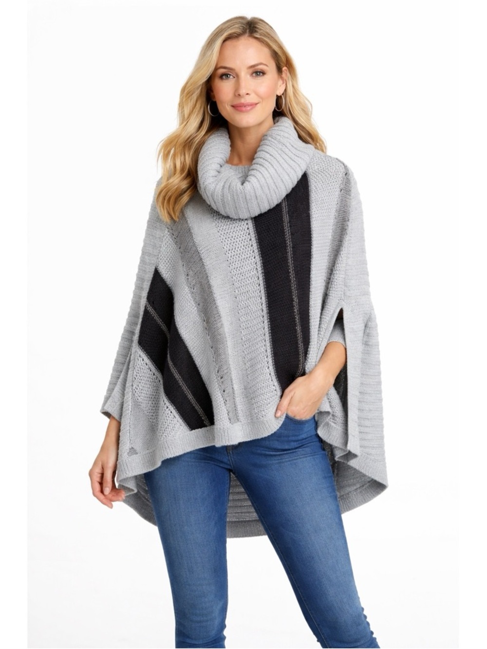 Talbots Knit Cape Poncho Grey/Black Size S/M
